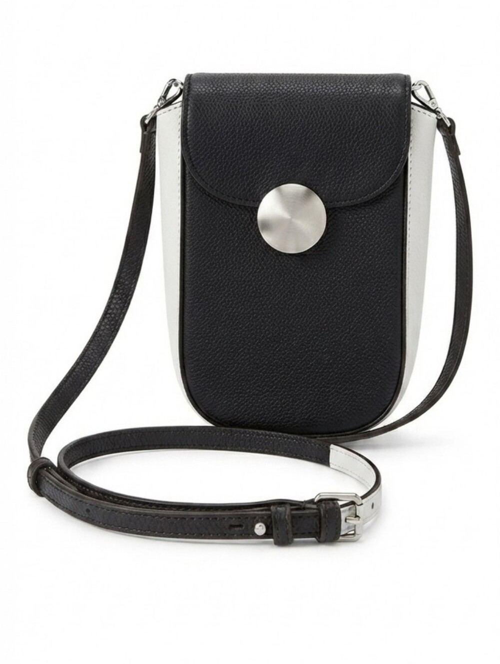 M.Gemi Italy Black & White Pebbled Leather Phone Bag Crossbody Purse Silver Hard